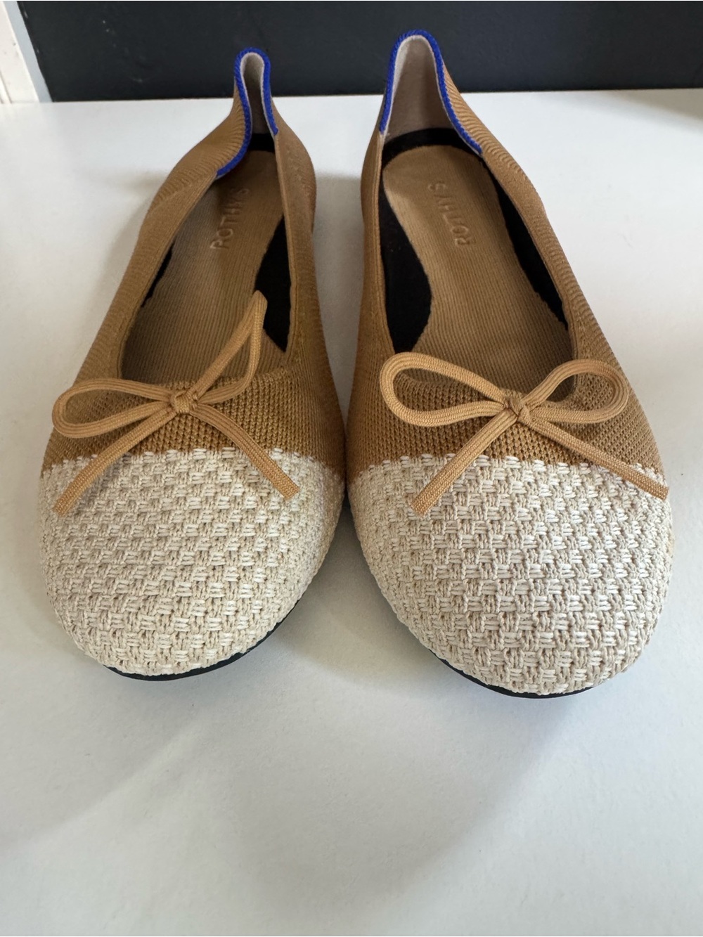 Rothy's Two-Tone Knit Ballet Flats in Tan, Cream & Blue Trim